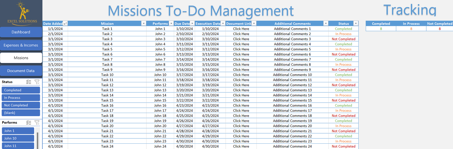 monthly budget template for personal and househould - missions table